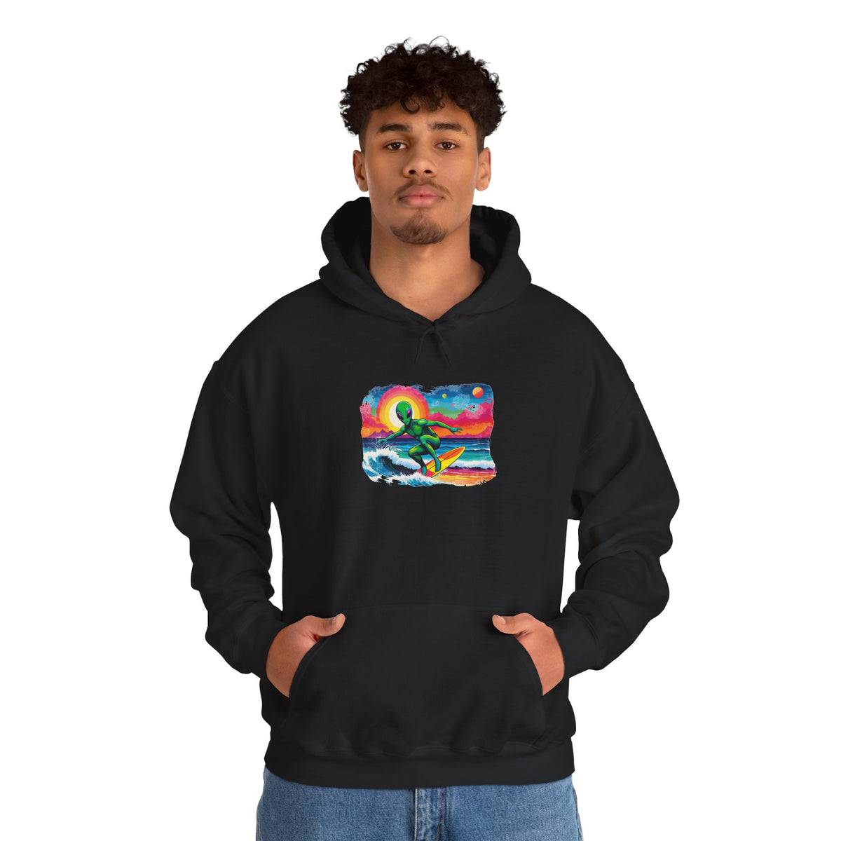 Cosmic Wave - Alien Surfer Hoodie— Kryptonite Hoodies | Kryptonite Black Unisex Hoodie, S-4XL